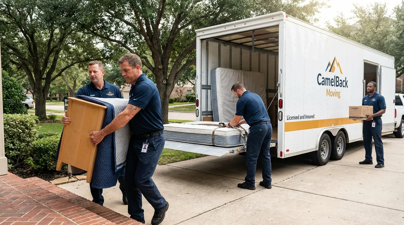 Crew loading residential truck for cross-state move from Aledo, TX