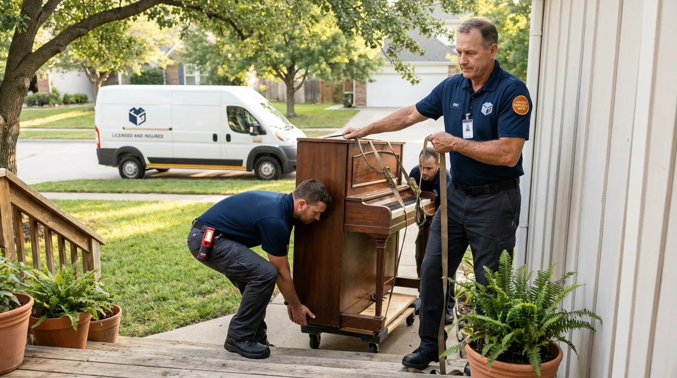 Licensed piano movers securing grand piano in Aledo, TX