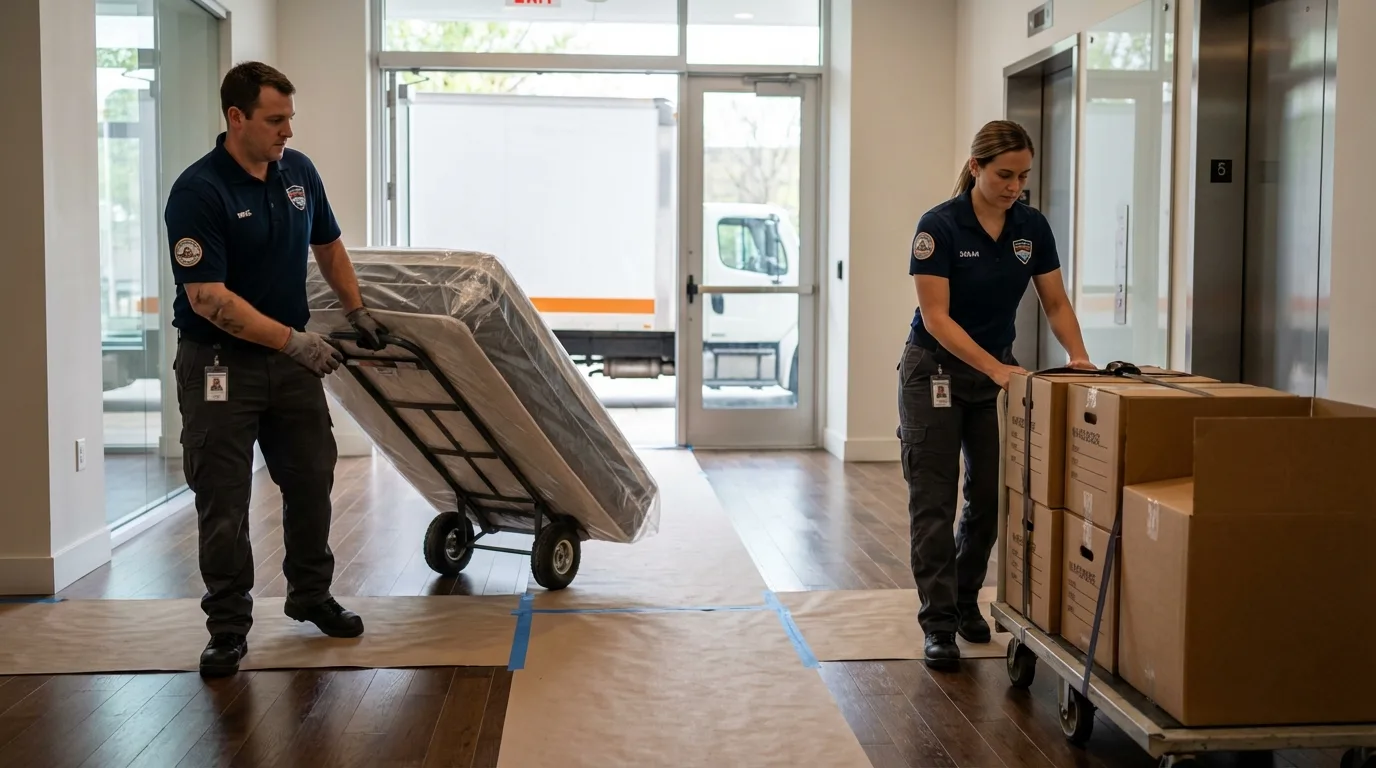 Professional apartment movers loading elevator in Aledo, TX